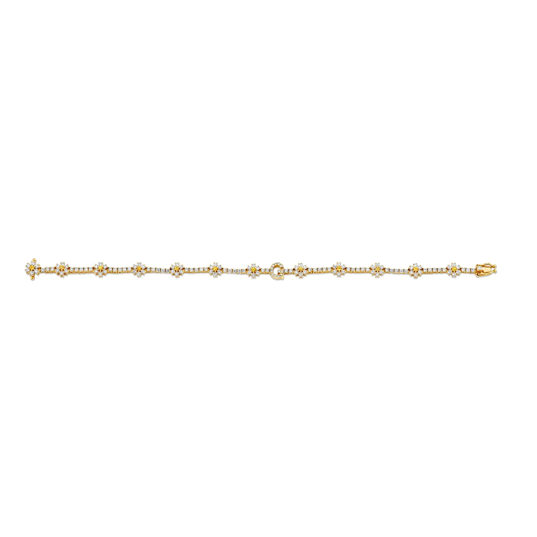 Personalized Diamond Flower Tennis Bracelet - White Diamond and Yellow Sapphire / 14k Yellow Gold