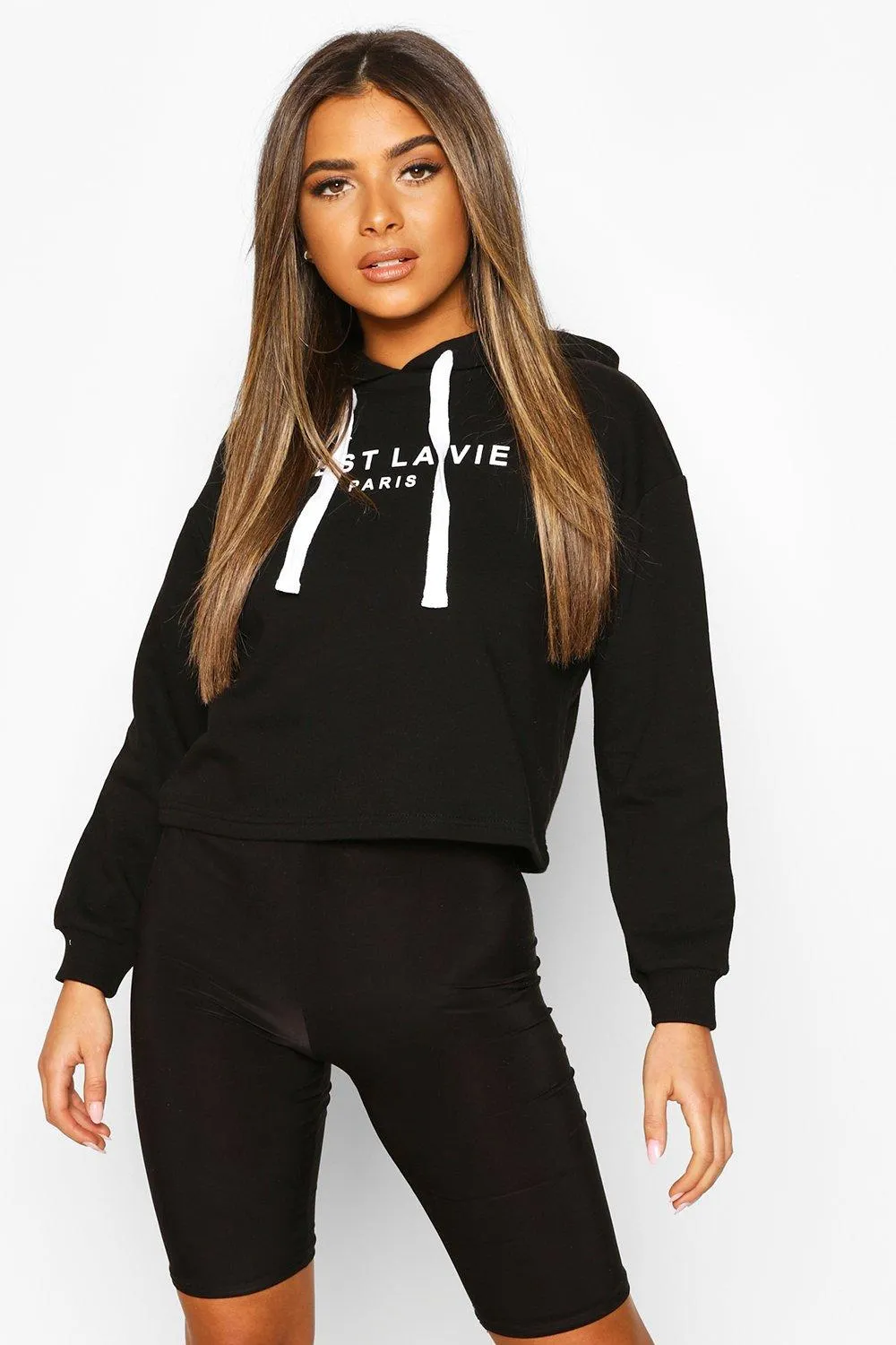 Petite French Slogan Cropped Hoodie