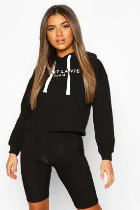Petite French Slogan Cropped Hoodie