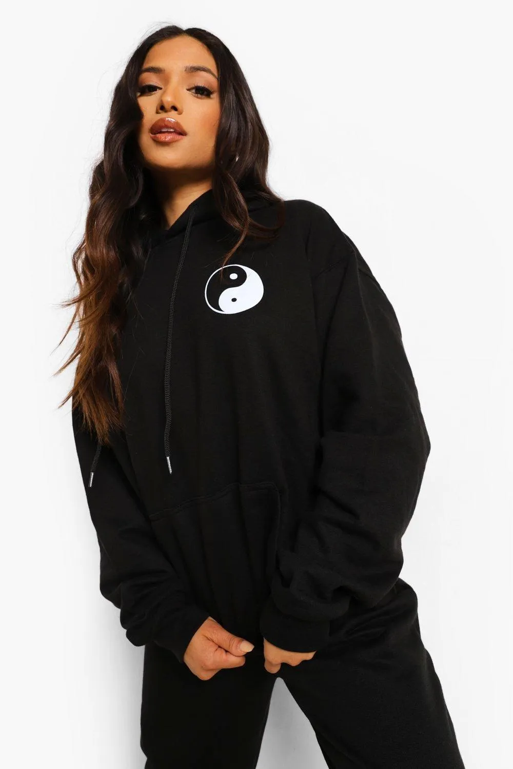 Petite Oversized Yin Yang Pocket Print Hoodie
