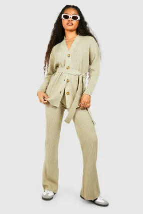 Petite Slouchy Belted Cardigan And Wide Leg Knit Set