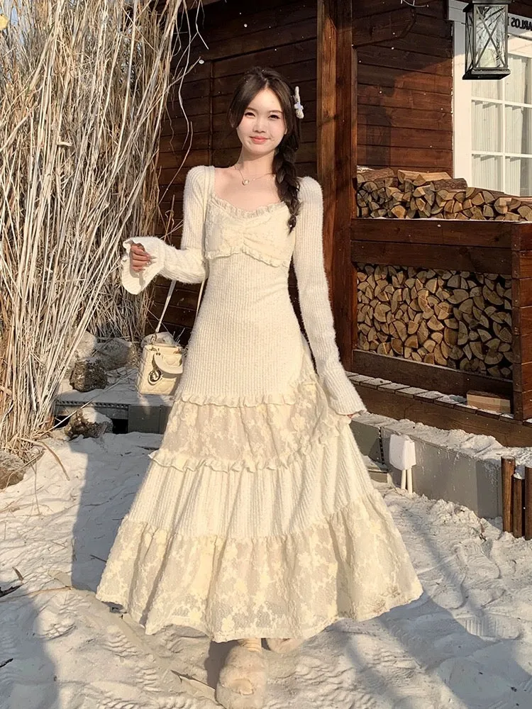 Phantom Fairy Spring Lovers Lace Spliced Sweater Long Skirt with Cake Skirt Long Sleeve Knitted Square Neck Dress