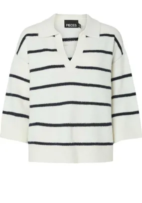 Pieces Mikela Striped V Neck Sweater, White and Navy