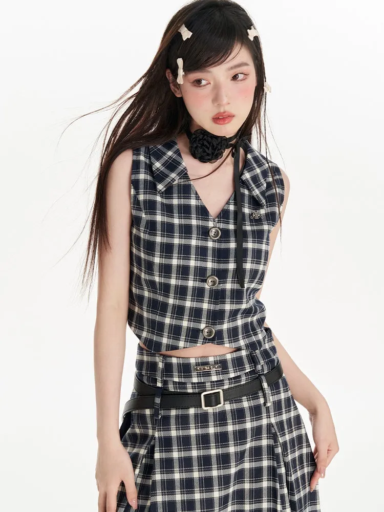 Plaid Short Vest & High Waist A-line Long Skirt