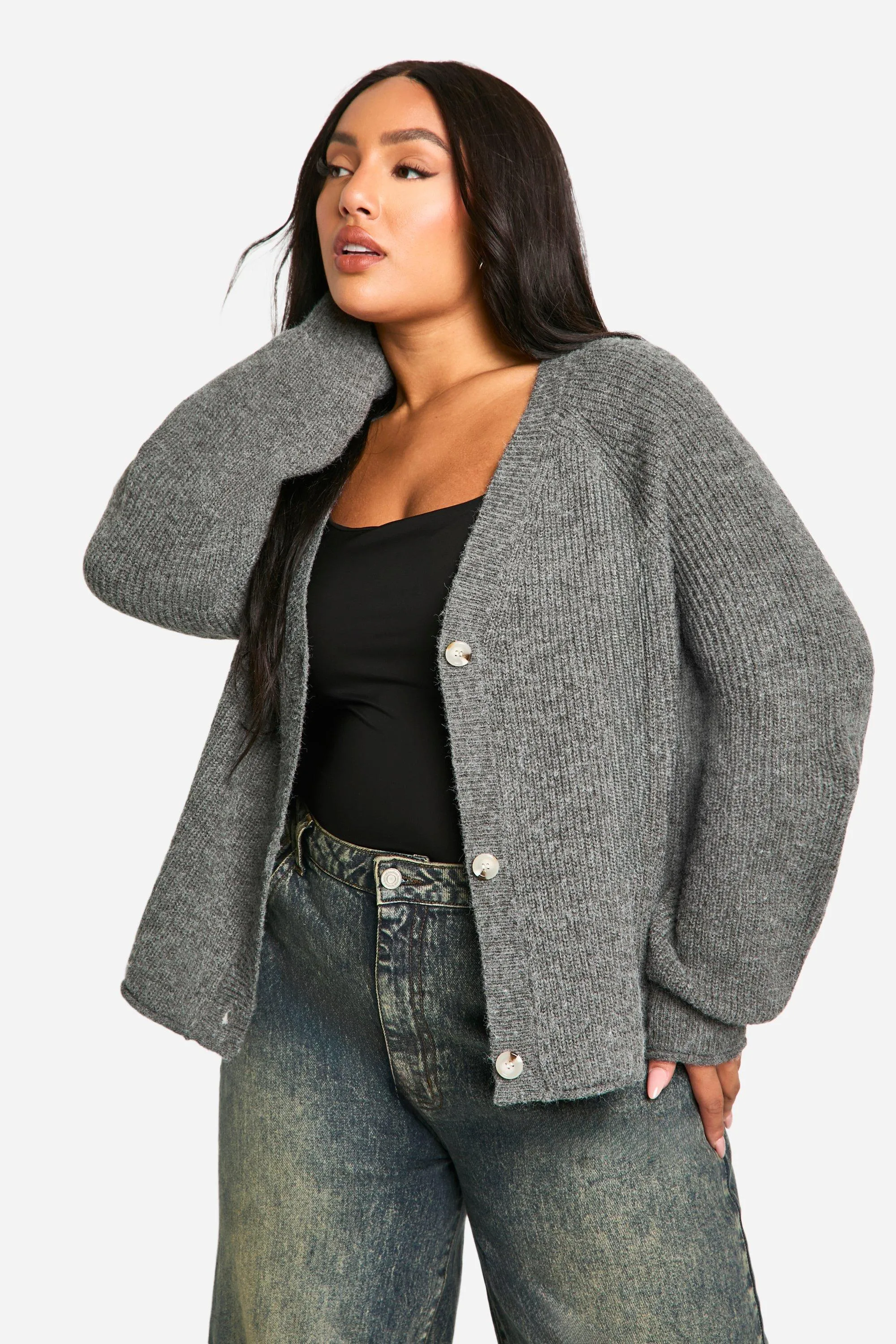 Plus Chunky Balloon Sleeve Boyfriend Cardigan
