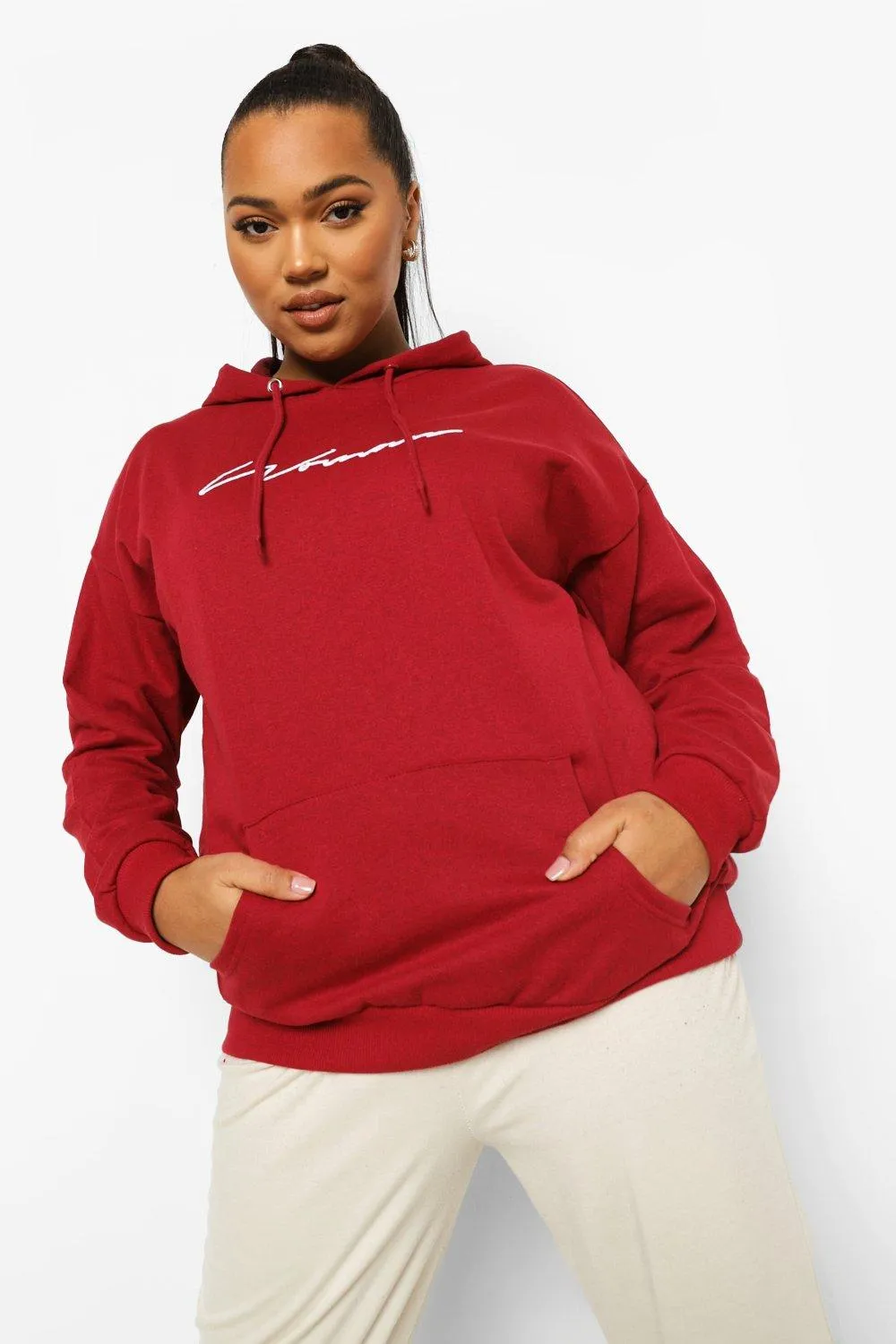Plus Woman Script Embroidered Slogan Hoodie