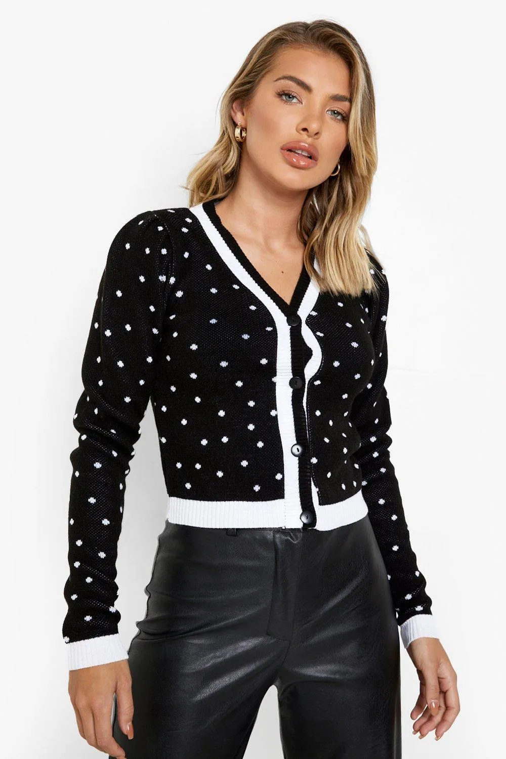 Polka Dot Puff Sleeve Cardigan