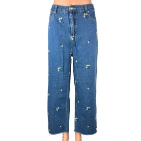 Princess Polly Blue Flower Embroidered Wide Leg High Waist Crop Denim Jeans 12