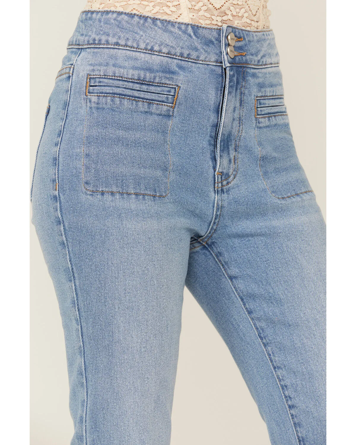 Product Name:  Ceros Women's Light Wash High Rise Coin Pocket Light Denim Flare Jeans