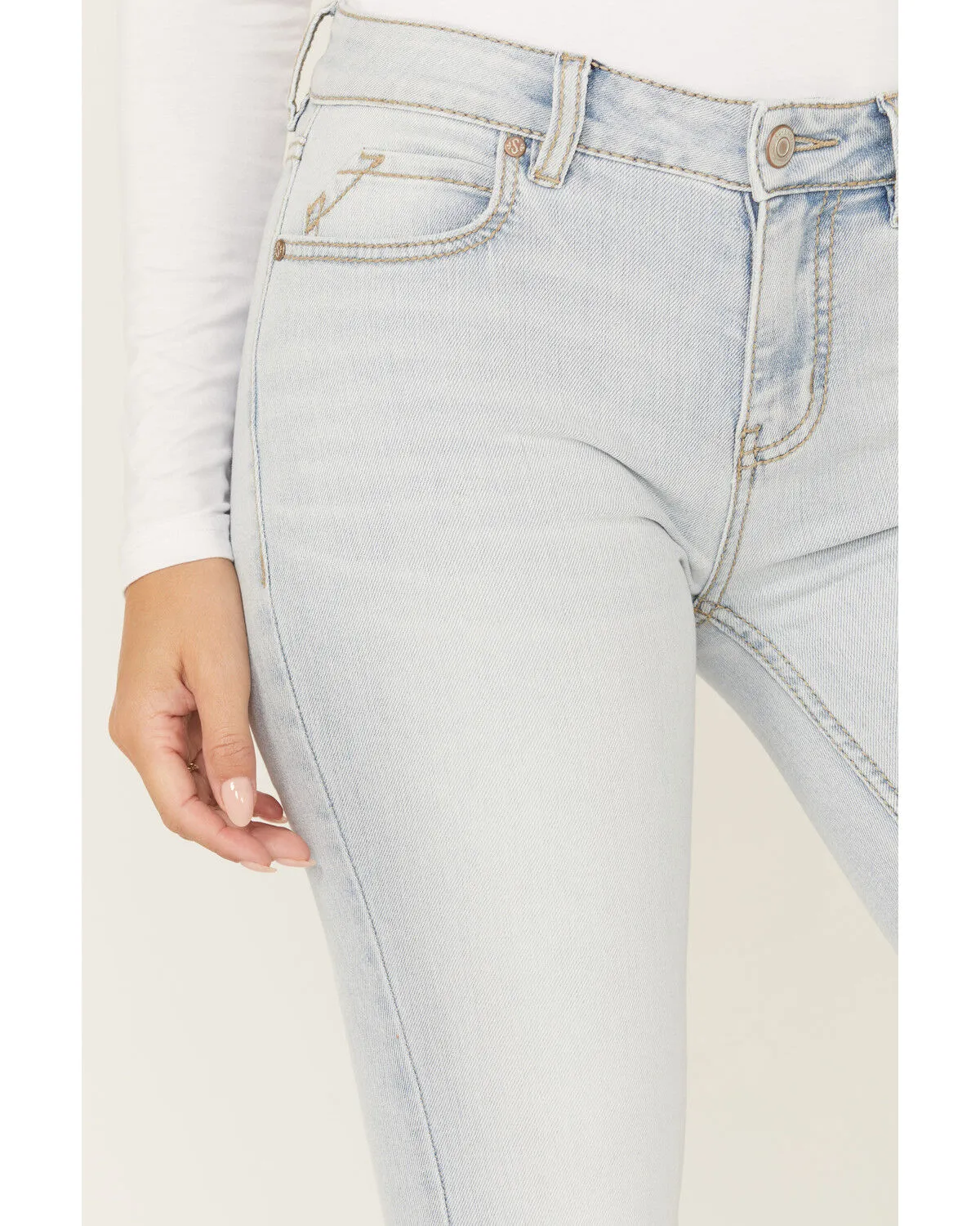 Product Name:  Shyanne Women's Agave Light Wash Mid Rise Destructed Stretch Flare Jeans