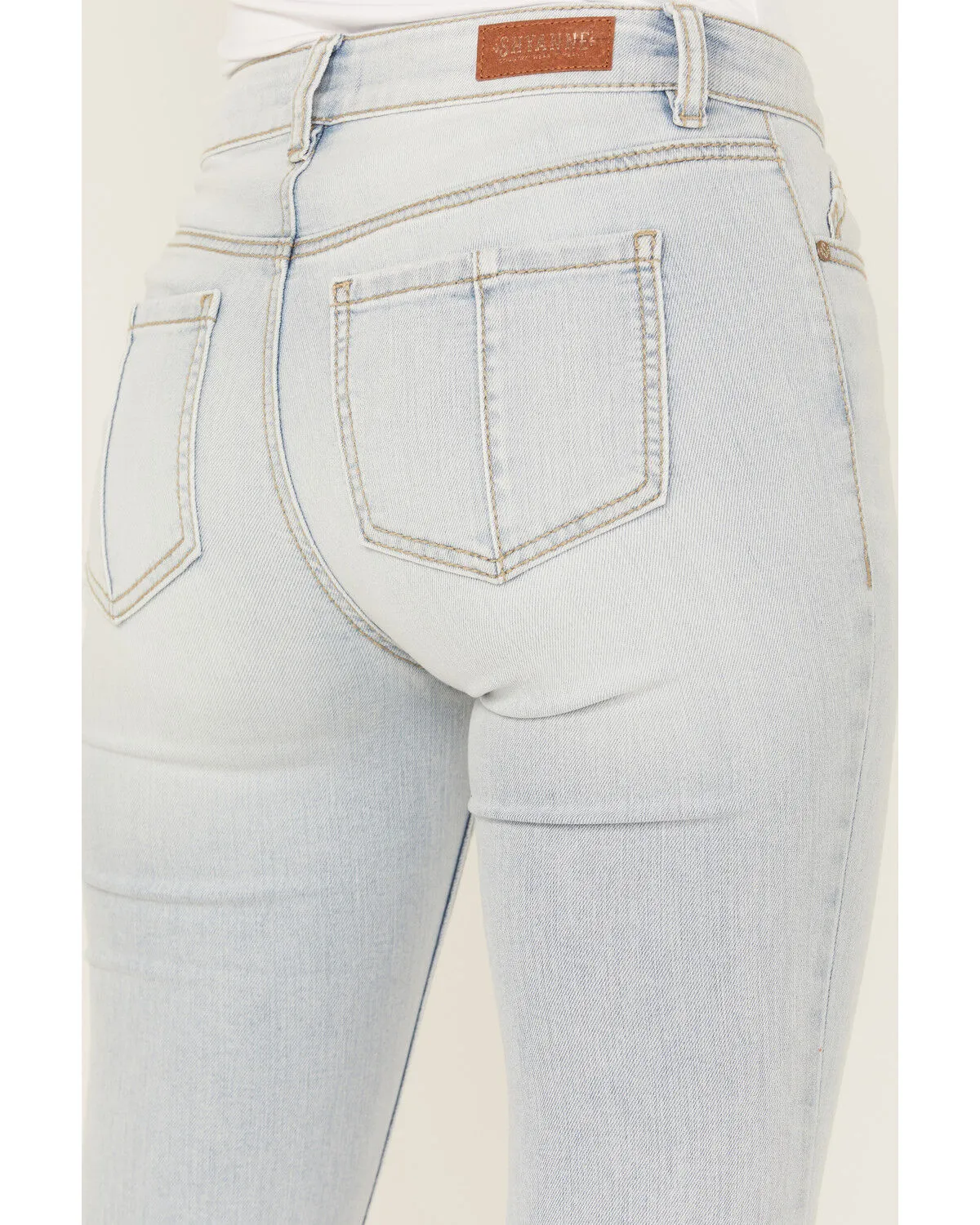 Product Name:  Shyanne Women's Agave Light Wash Mid Rise Destructed Stretch Flare Jeans