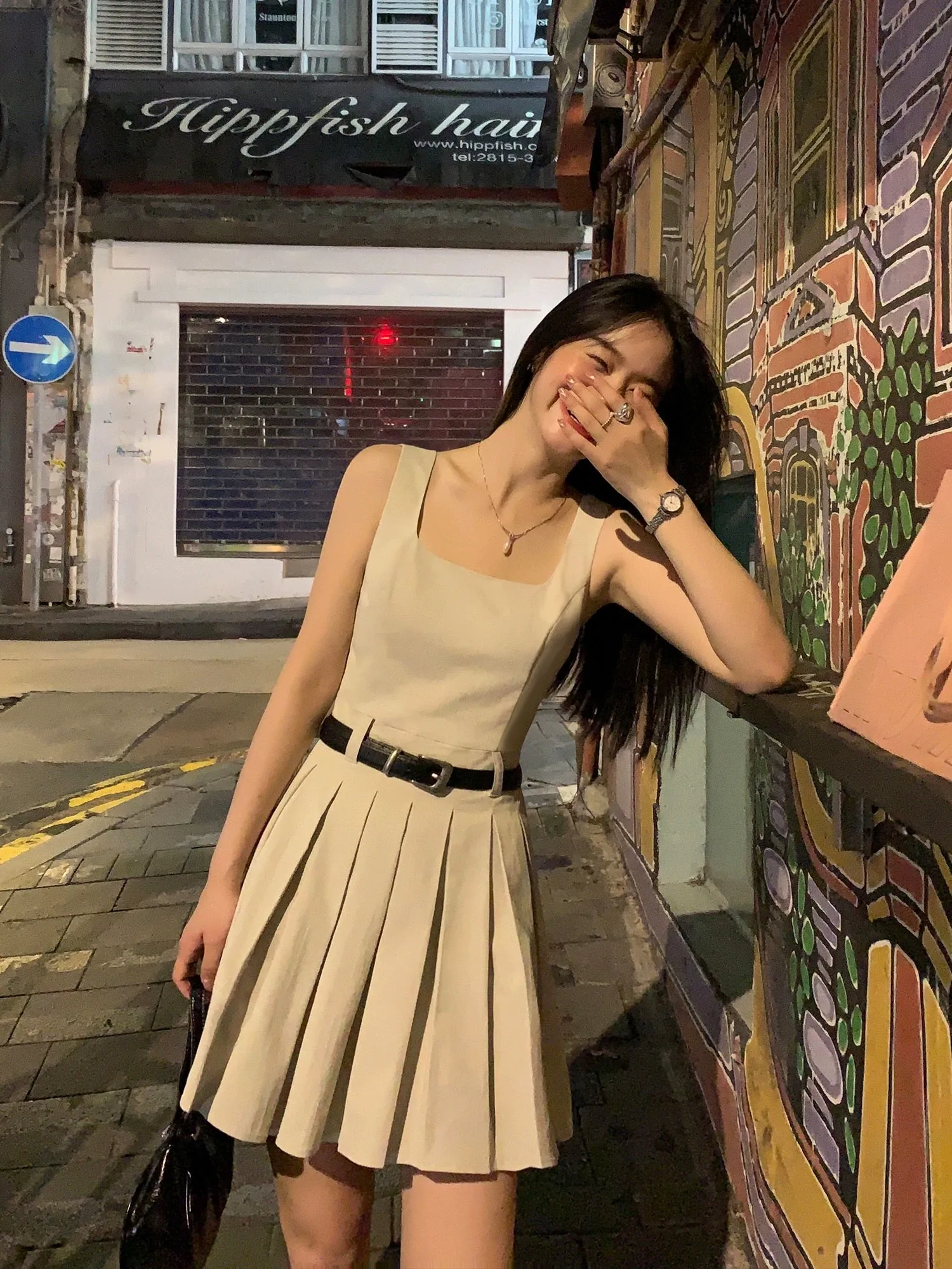 pusumede sleeveless vest dress suspender skirt female short style temperament high-end slim a-line pleated skirt