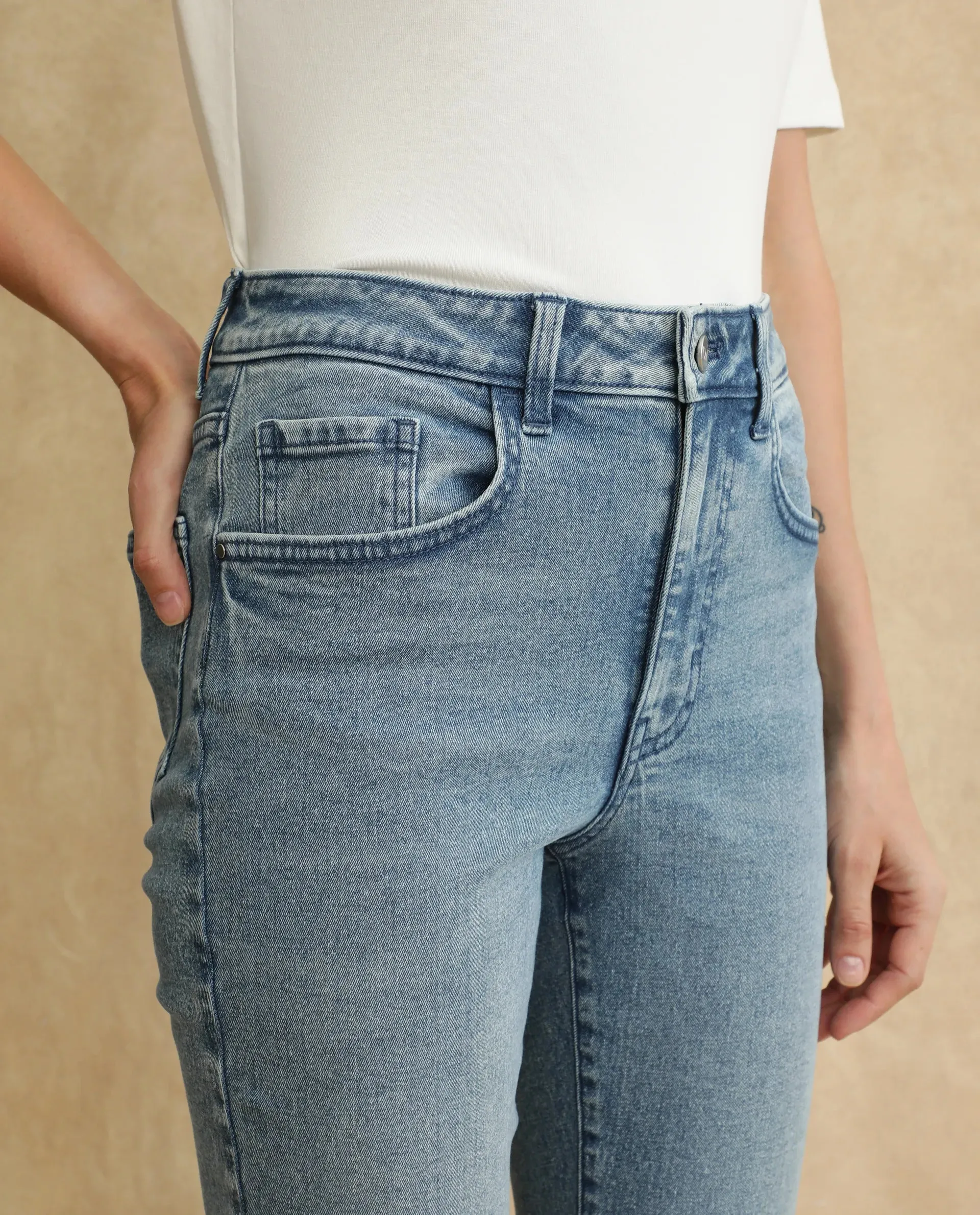 Rareism Women Zingo Light Blue Cotton Blend Fabric Plain Jeans