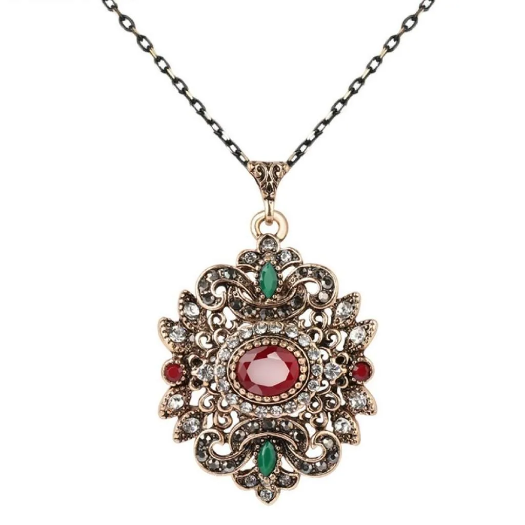 Red and Green Stone Ornate Gold Pendant Necklace