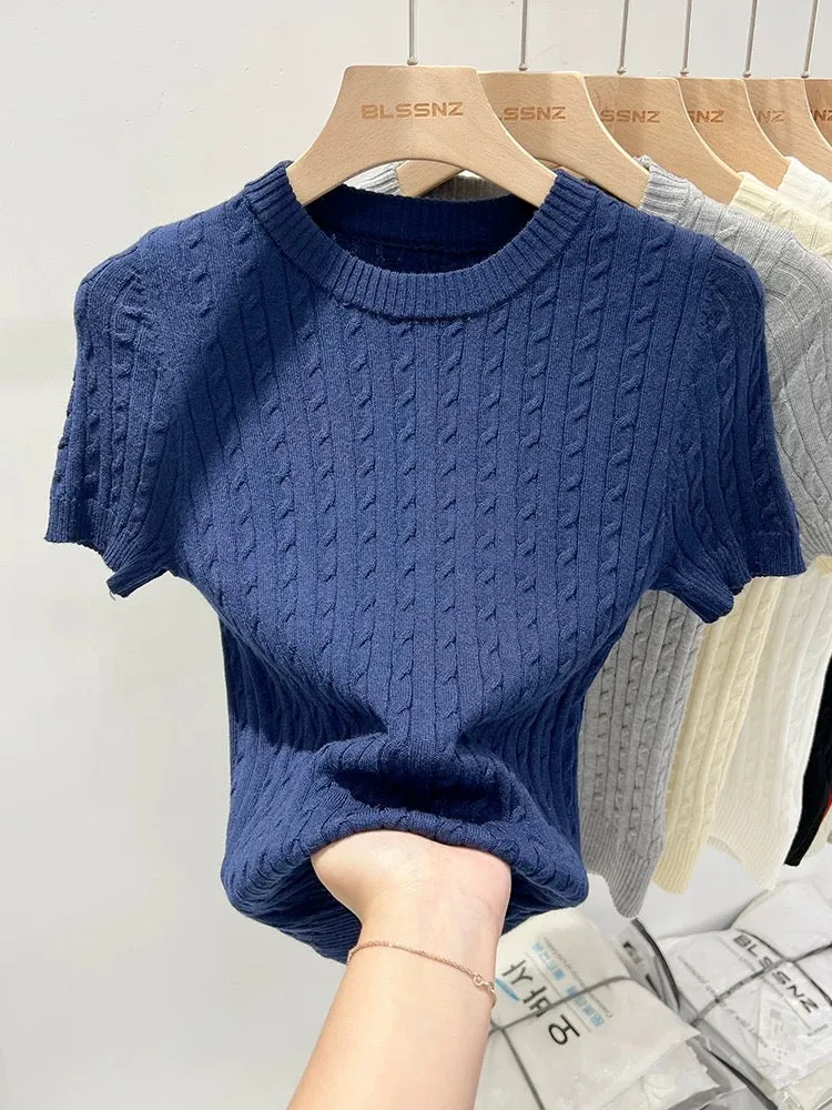 Round neck apricot short-sleeved sweater for women summer 2024 new design twist slim short t-shirt top trendy