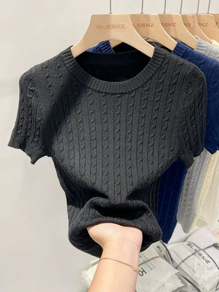 Round neck apricot short-sleeved sweater for women summer 2024 new design twist slim short t-shirt top trendy