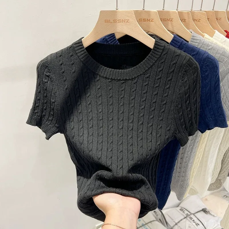 Round neck apricot short-sleeved sweater for women summer 2024 new design twist slim short t-shirt top trendy