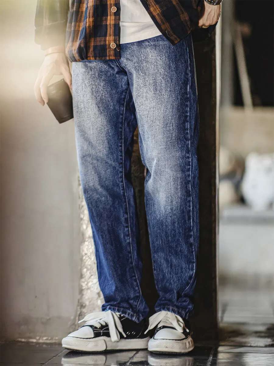 Rubbed White Washed Straight Leg Denim Jeans