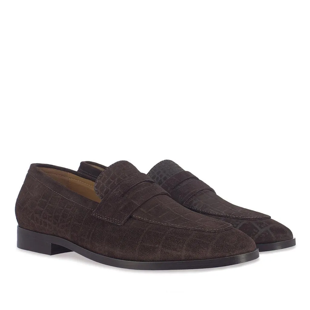 Saint Alessandro Brown Suede Croco Print Leather Loafers