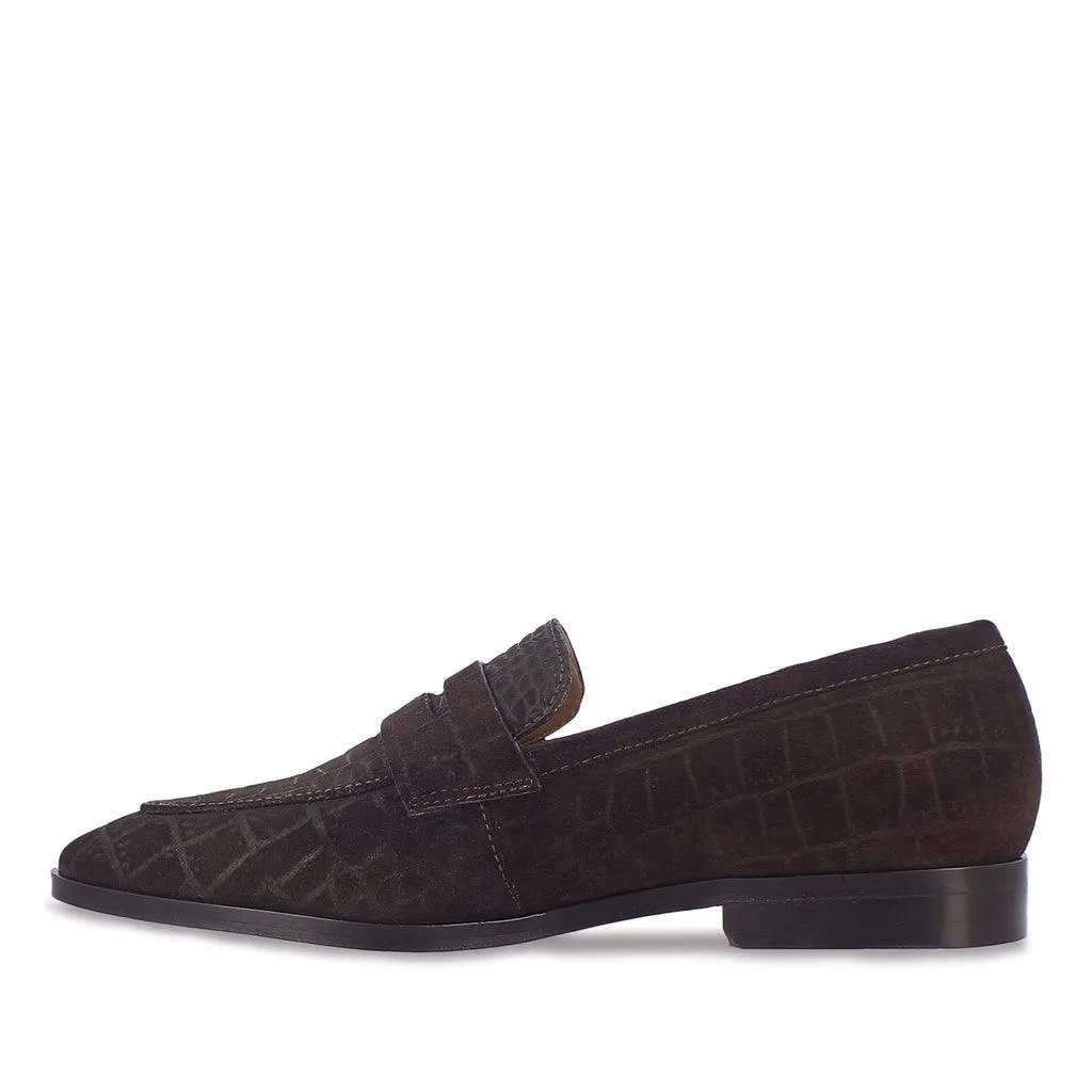 Saint Alessandro Brown Suede Croco Print Leather Loafers