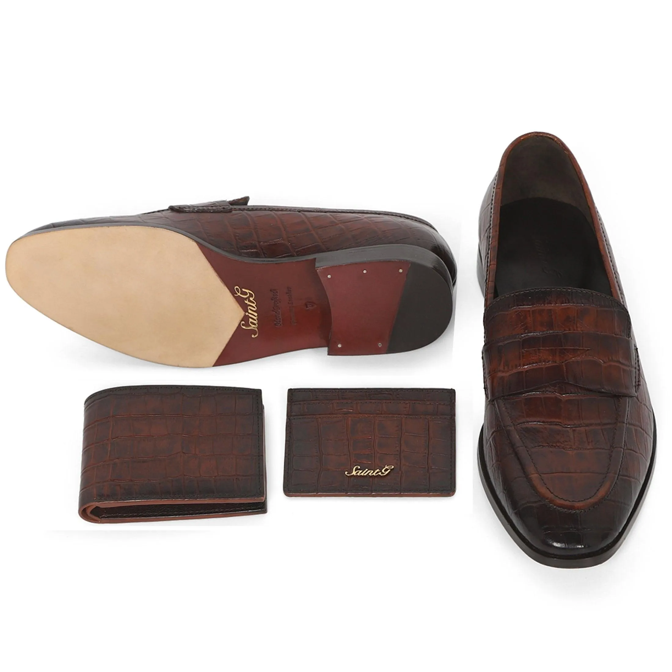 Saint Ansprand Brown Croco Leather Embossed Loafers With Set