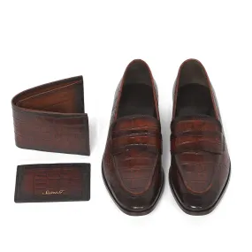 Saint Ansprand Brown Croco Leather Embossed Loafers With Set