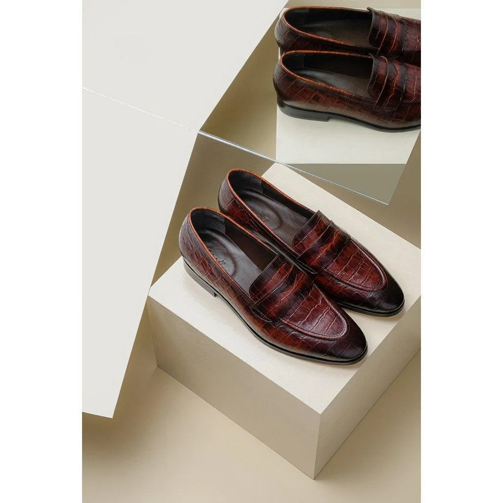 Saint Ansprand Brown Croco Leather Embossed Loafers With Set