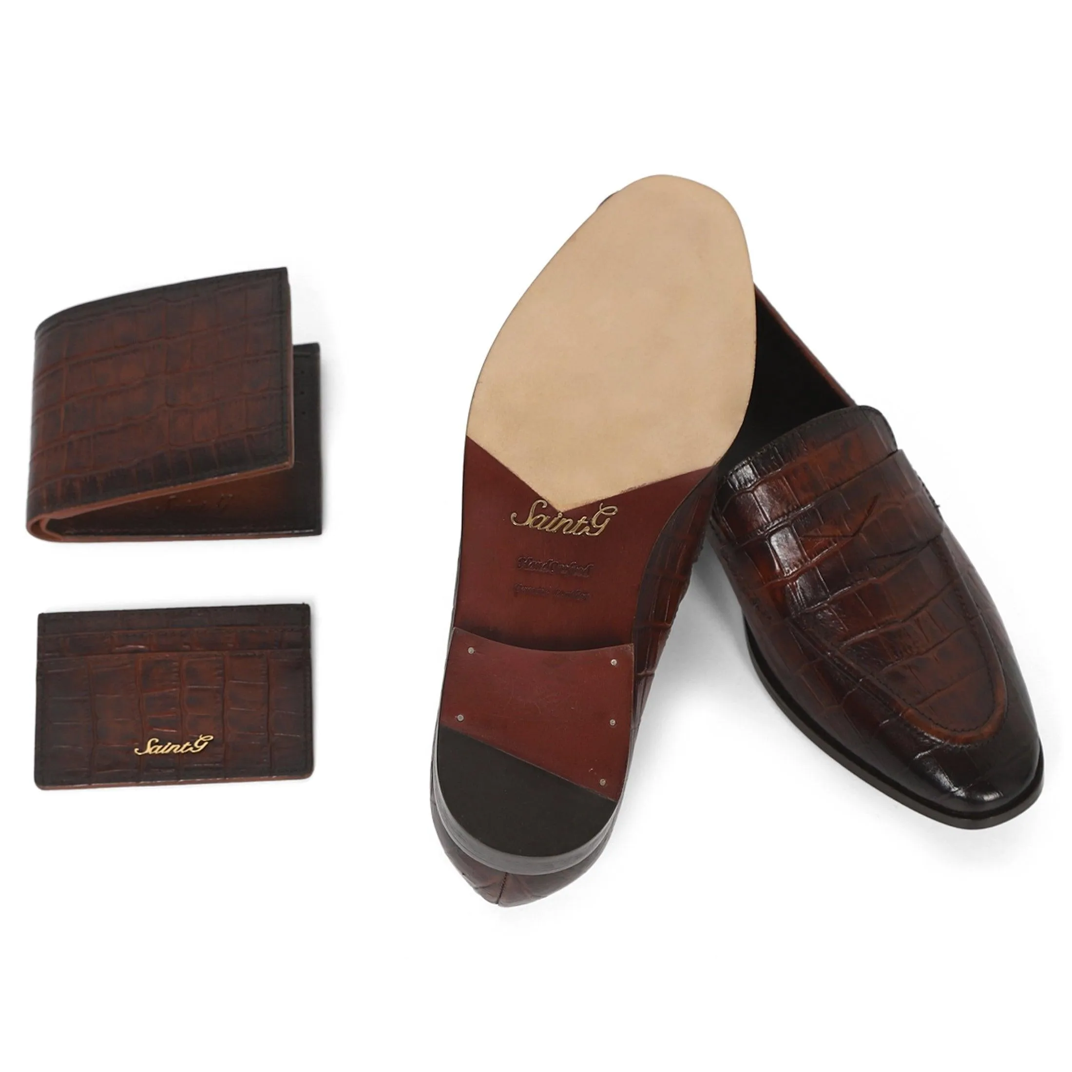 Saint Ansprand Brown Croco Leather Embossed Loafers With Set