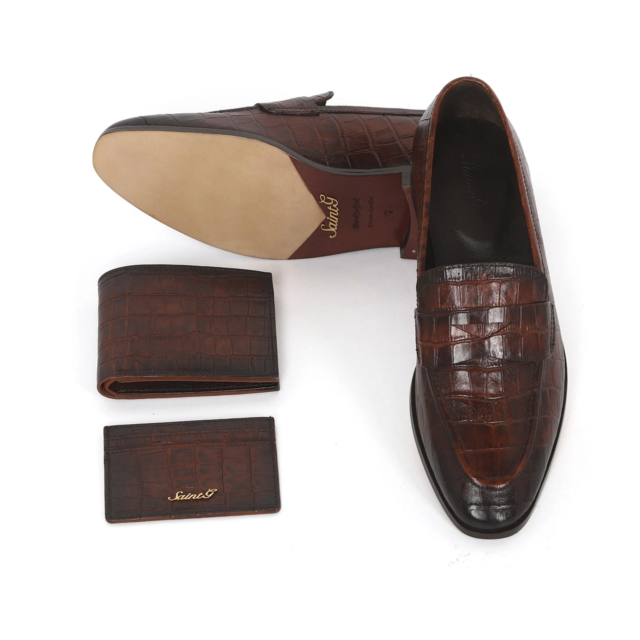 Saint Ansprand Brown Croco Leather Embossed Loafers With Set