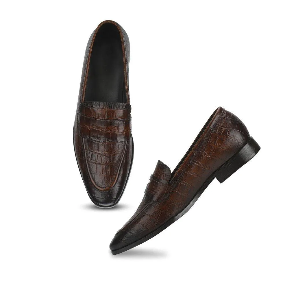 Saint Ansprand Brown Croco Leather Embossed Loafers With Set