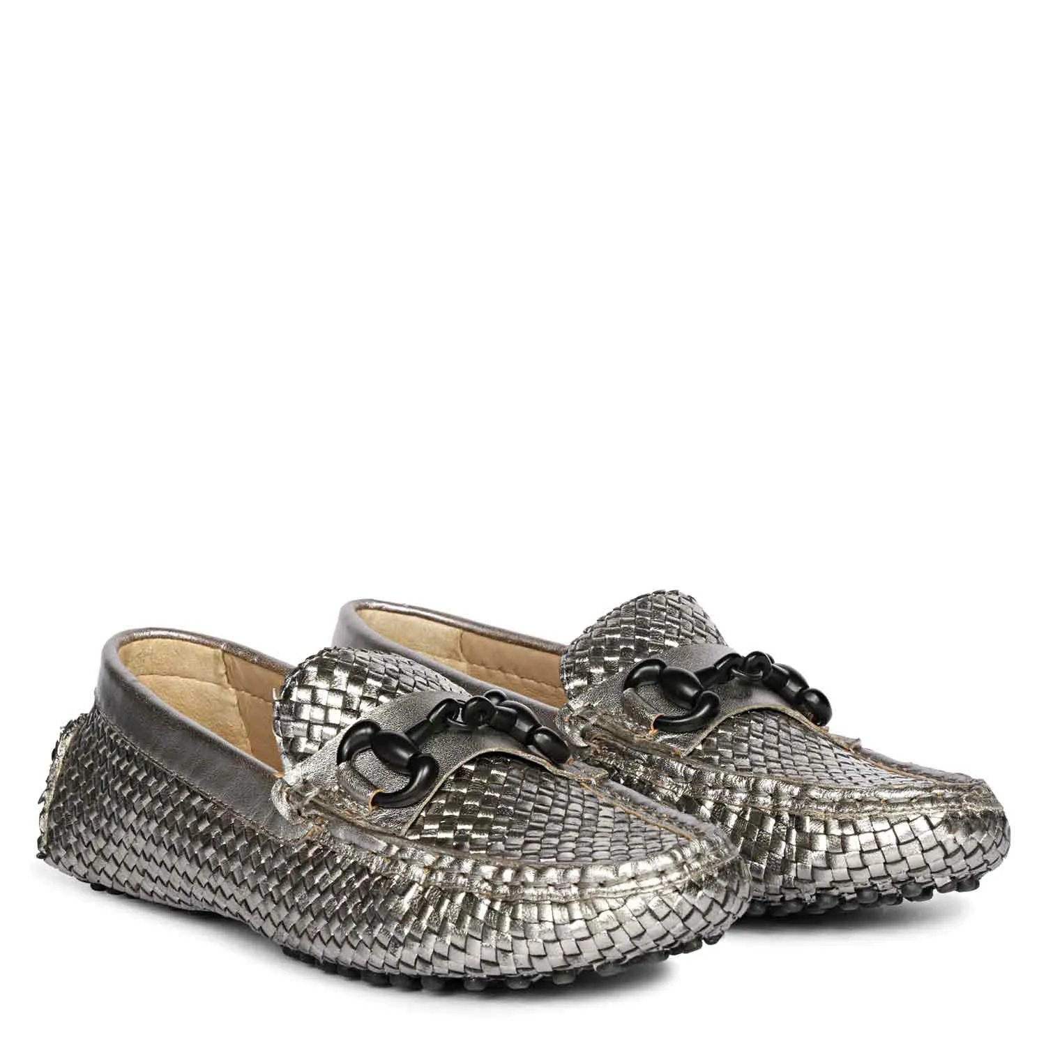 Saint Lucy Gun Metallic Woven Leather Loafers