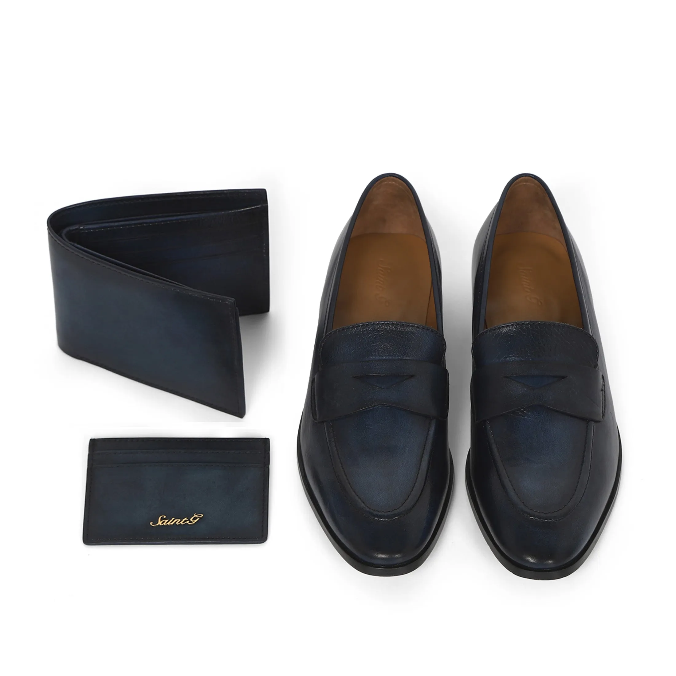 Saint Lukonin Toned Navy Leather Loafers With Set