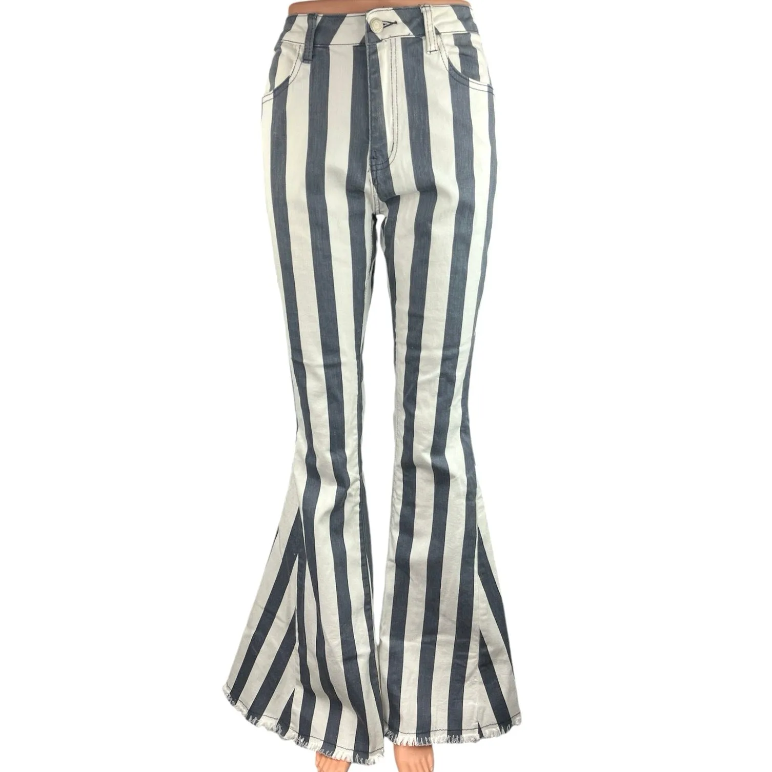Saints & Hearts Womens Blue Striped Frayed Hem High Rise Flared Leg Jeans Size M