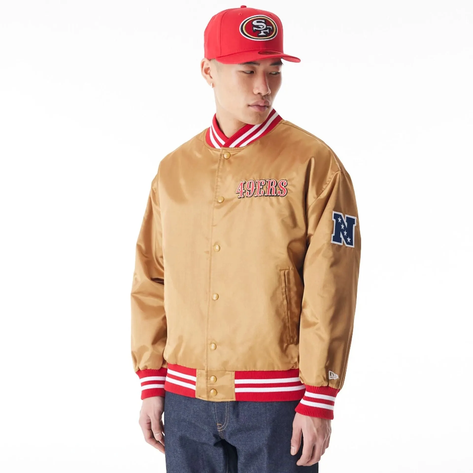 San Francisco 49Ers NFL Beige Satin Bomber Jacket