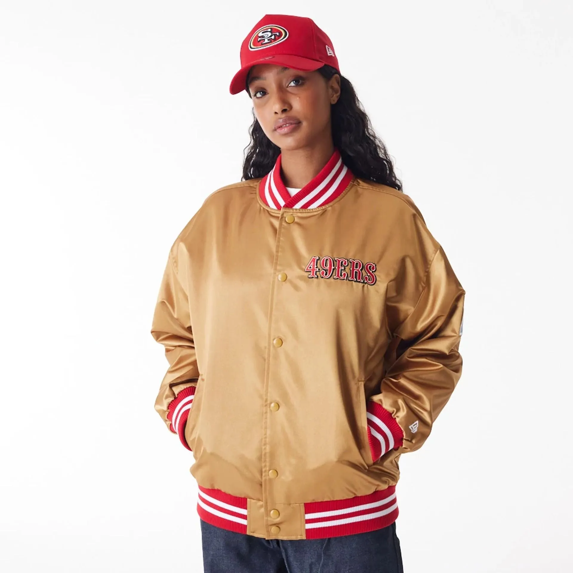 San Francisco 49Ers NFL Beige Satin Bomber Jacket