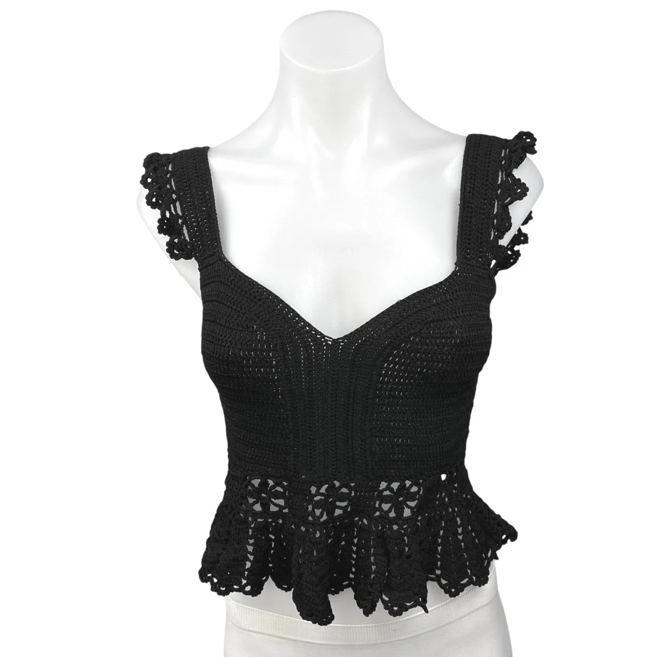 Sandro Black Crochet Knitted Sleeveless Sweetheart Peplum Crop Blouse Top Size 1