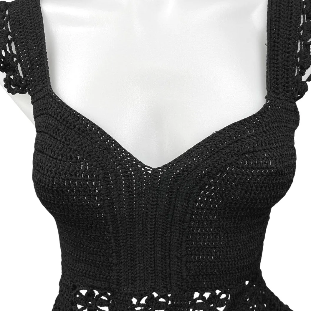 Sandro Black Crochet Knitted Sleeveless Sweetheart Peplum Crop Blouse Top Size 1