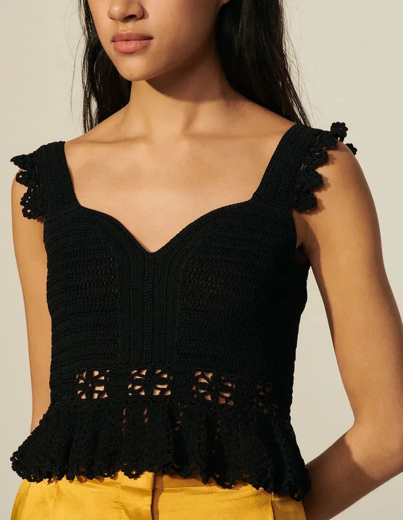 Sandro Black Crochet Knitted Sleeveless Sweetheart Peplum Crop Blouse Top Size 1