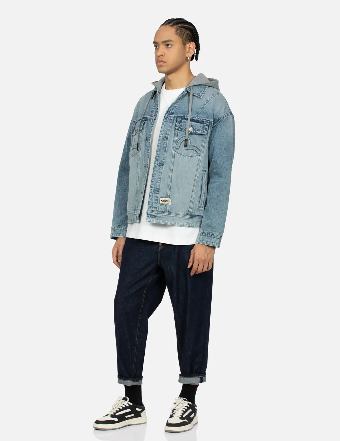 Seagull and Logo Embossed Print Loose Fit Denim Jacket