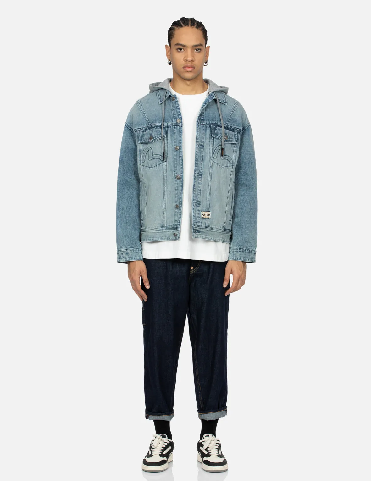 Seagull and Logo Embossed Print Loose Fit Denim Jacket