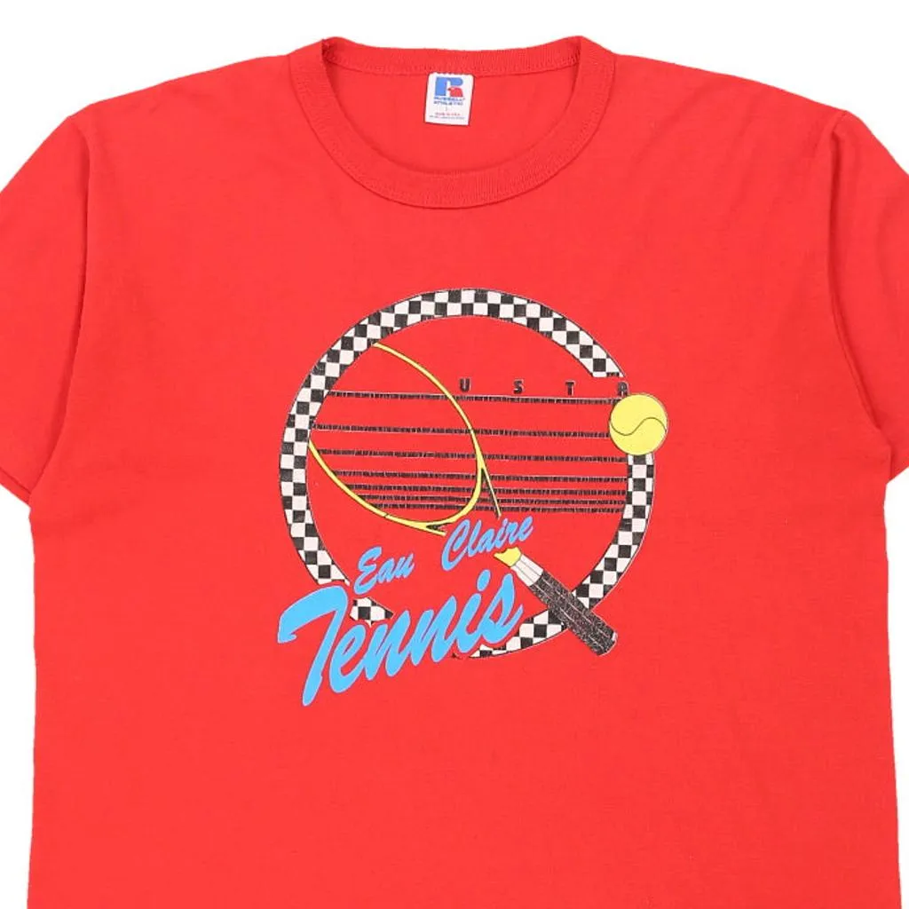 Single Stitch Eau Claire Tennis.  Russell Athletic Graphic T-Shirt - Large Red Cotton