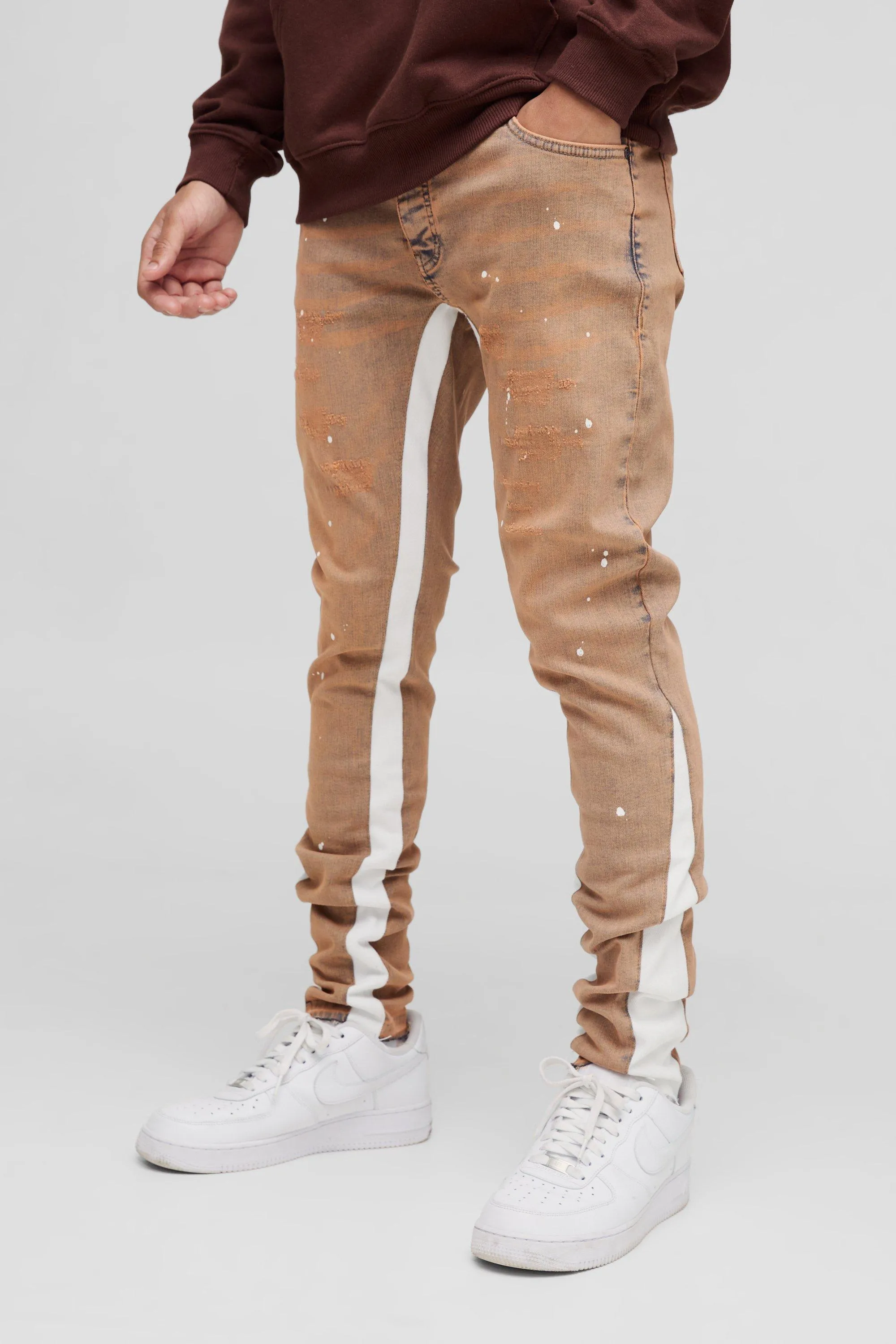 Skinny Stretch Ripped Paint Splat Gusset Jeans