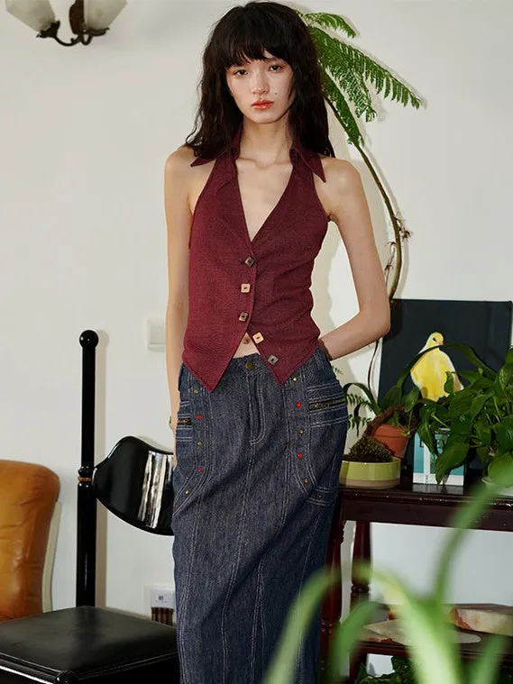 Slim-fit Backless V-neck Design Vest