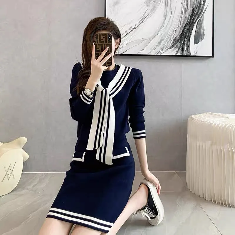 Small suit skirt women's new 2023 autumn and winter long-sleeved navy style sweater knitted two-piece suit skirt