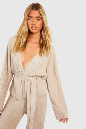 Soft Mixed Rib Knit Belted Crop Cardigan