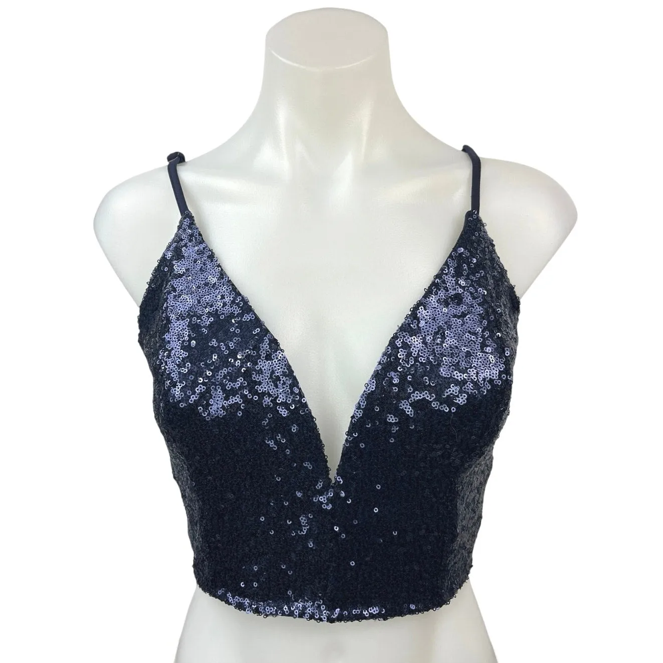 Solemio Blue Sequin Sparkly Plunge V Sleeveless Clubwear Party Crop Top Size M