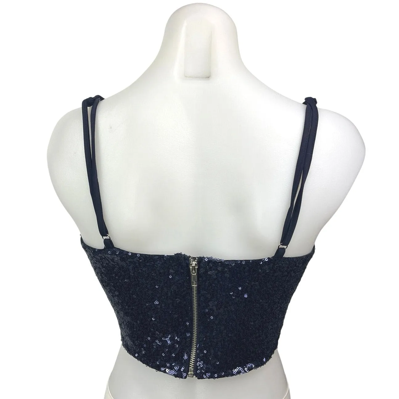 Solemio Blue Sequin Sparkly Plunge V Sleeveless Clubwear Party Crop Top Size M