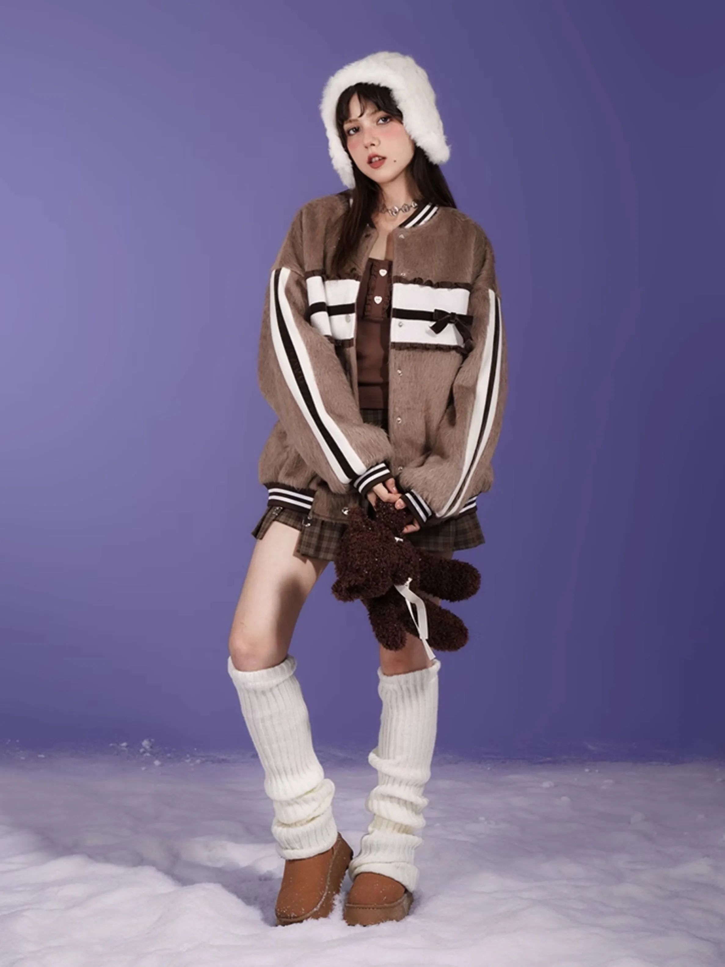 Spliced Ribbon Stitch Loose Baseball Jacket