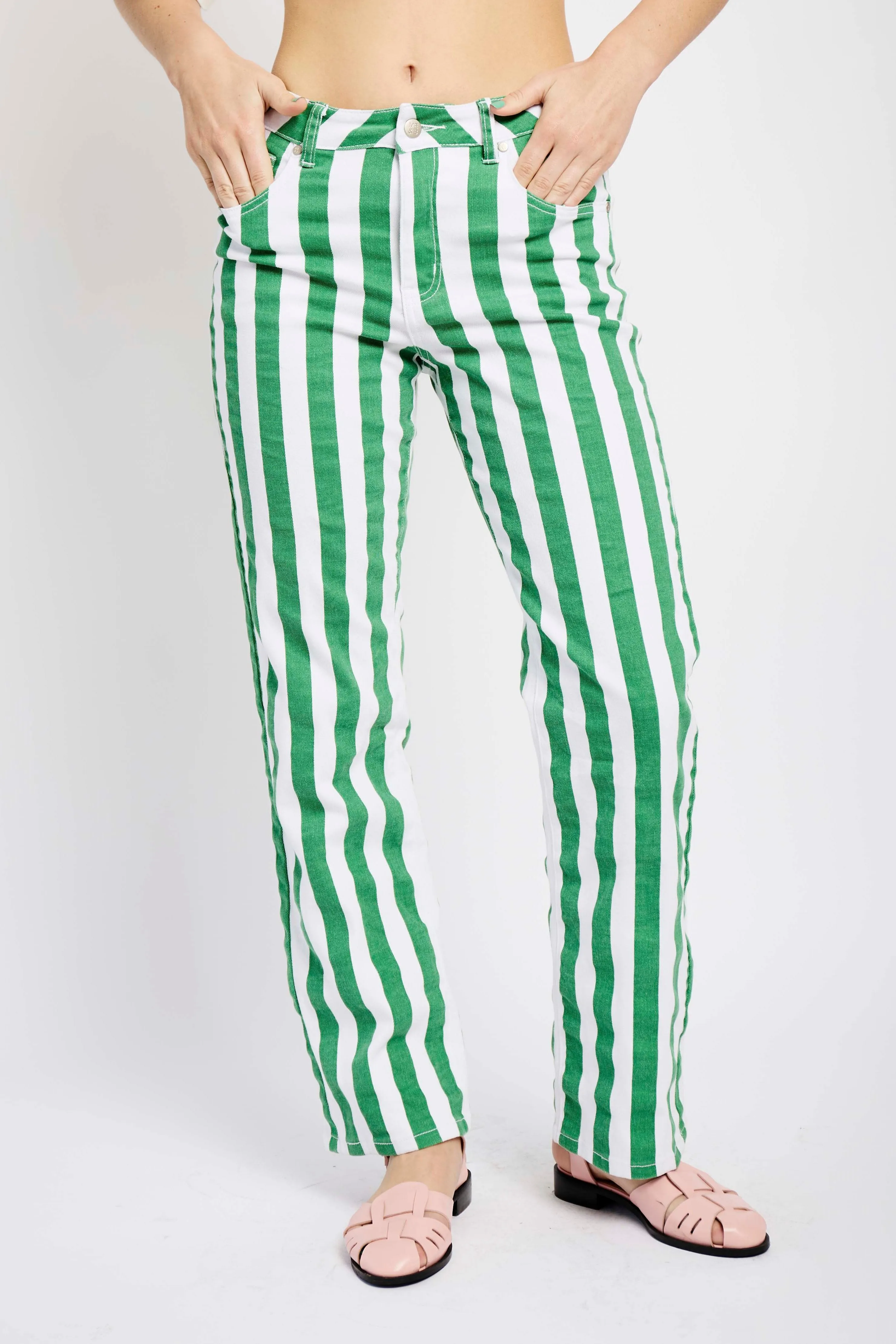 Straight Leg Stretch Jeans in Green Stripe