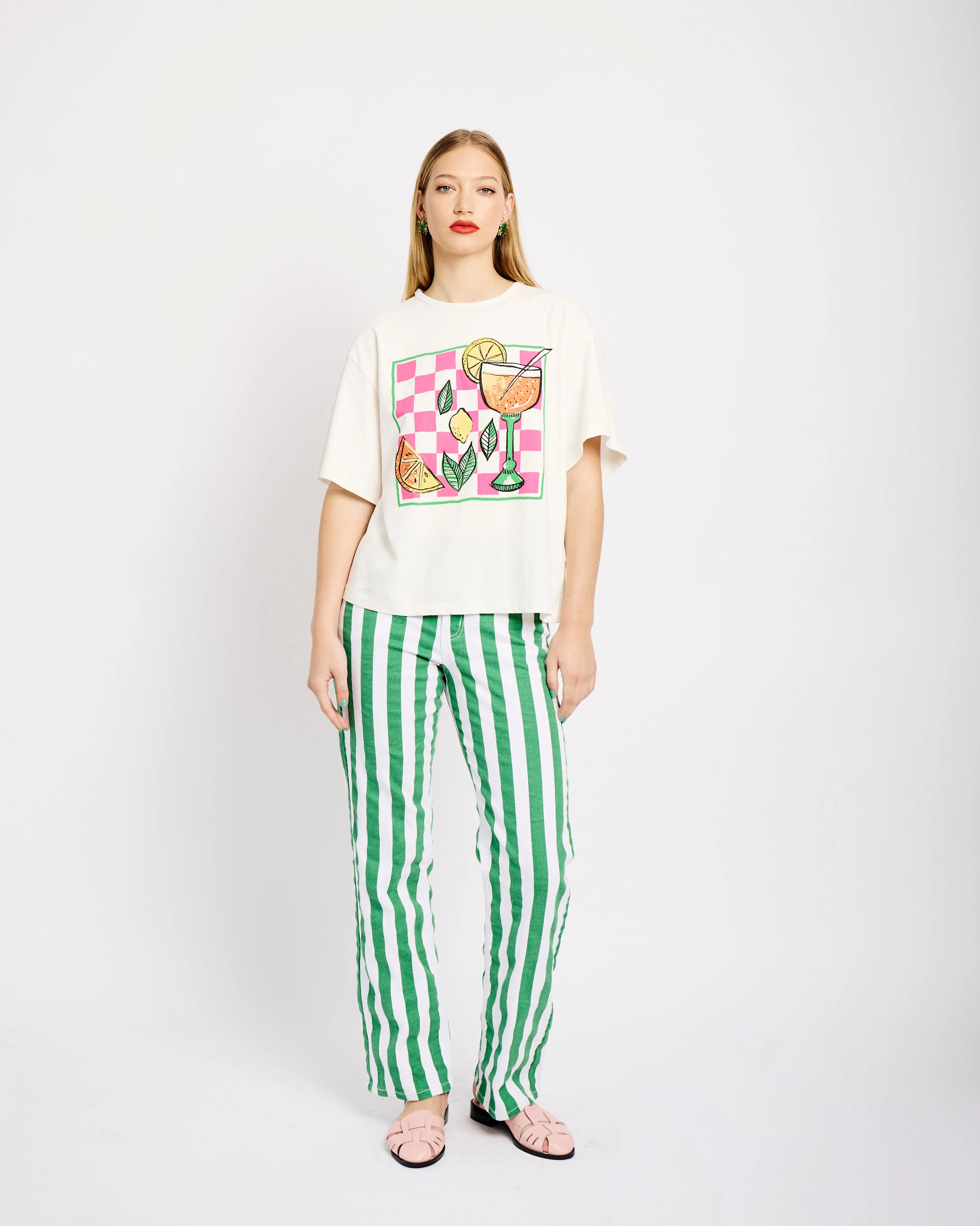 Straight Leg Stretch Jeans in Green Stripe